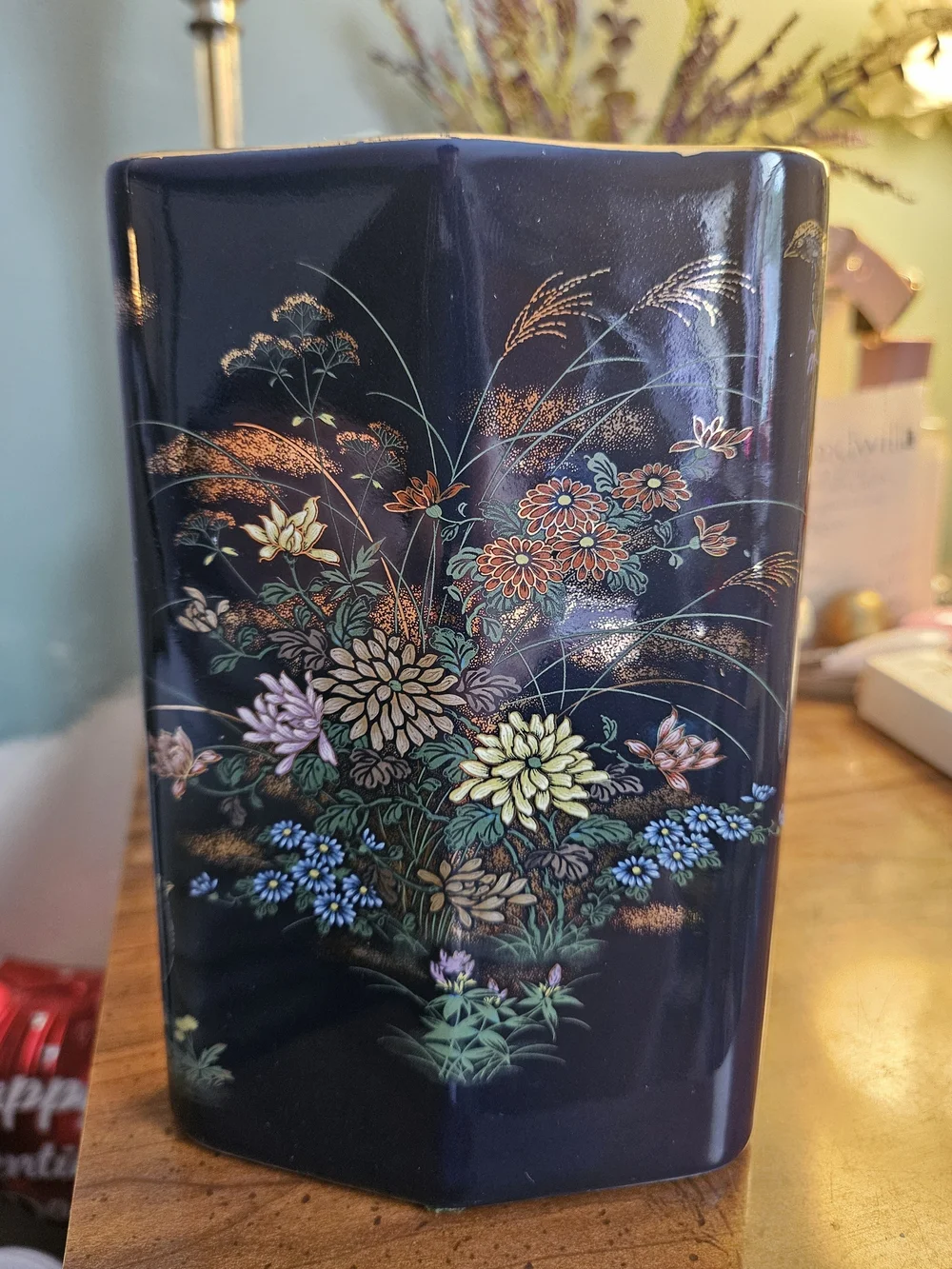 Navy Floral Ceramic Vase with Gold Accents